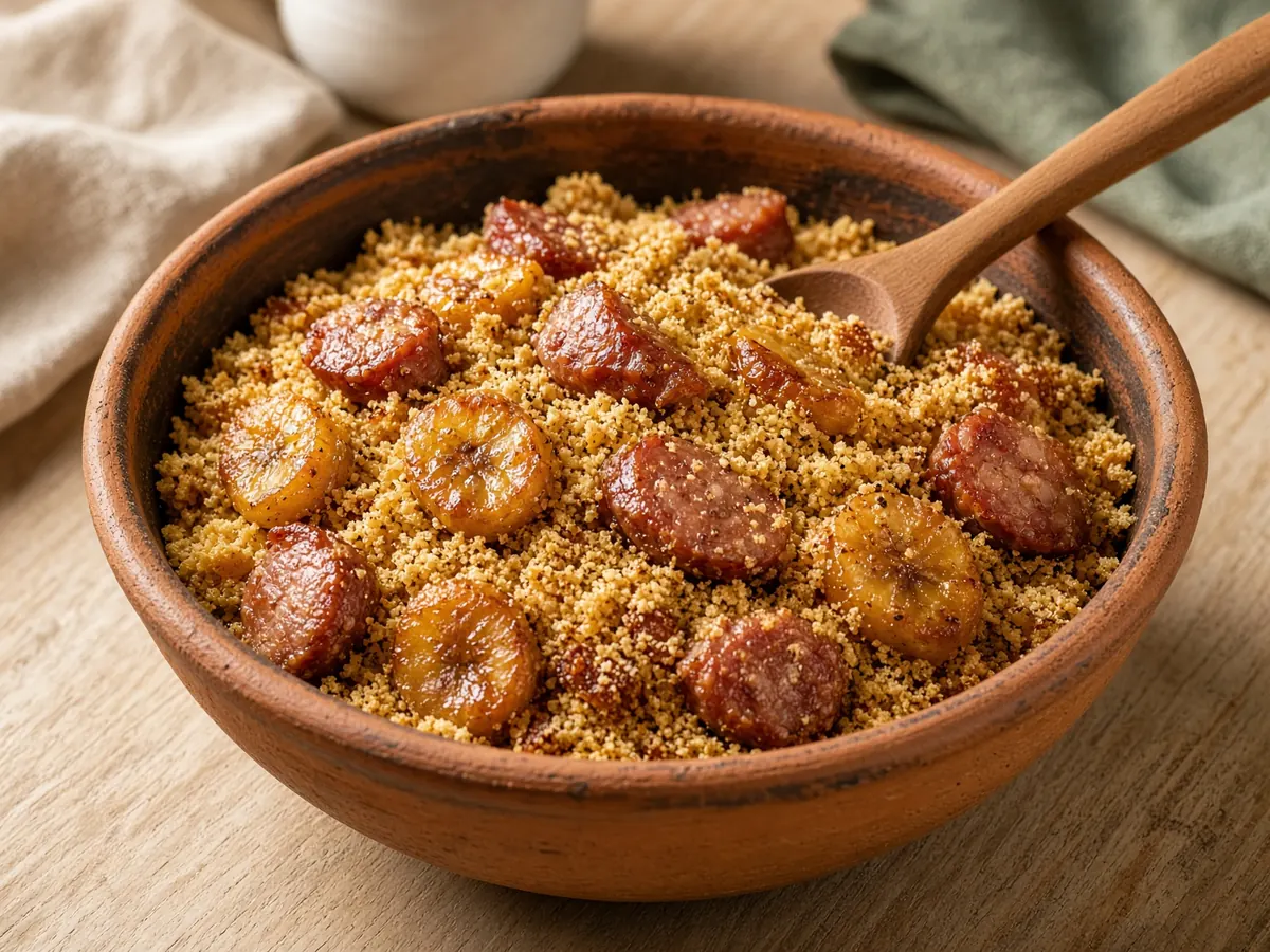 Farofa com banana e linguiça